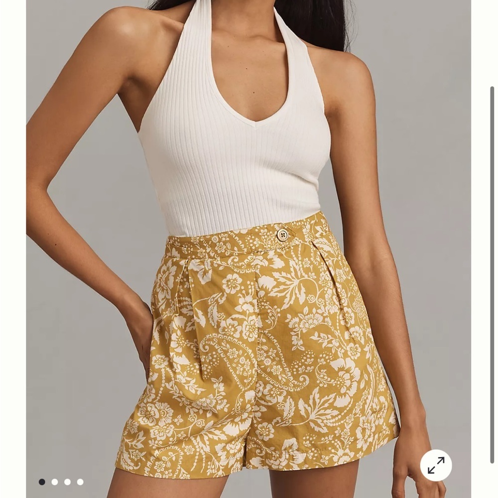Anthropologie Maeve Pleated Poplin Floral Shorts in Chartreuse